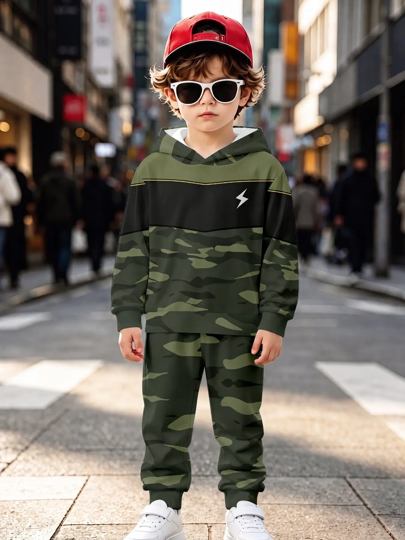 Military Camouflage Lightning Casual Sweatshirt Set, Long Sleeve Loose-Fit Sweapants, Fall & Winter Fashion