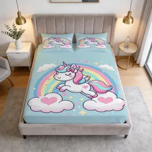 Dreamy Cartoon Unicorn Print Pattern Bed Sheet Set, 1 Bed Sheet With 2 Pillowcases (Excluding Pillow Core), Suitable For Teenagers And Adults, Suitable For Bedroom Decoration