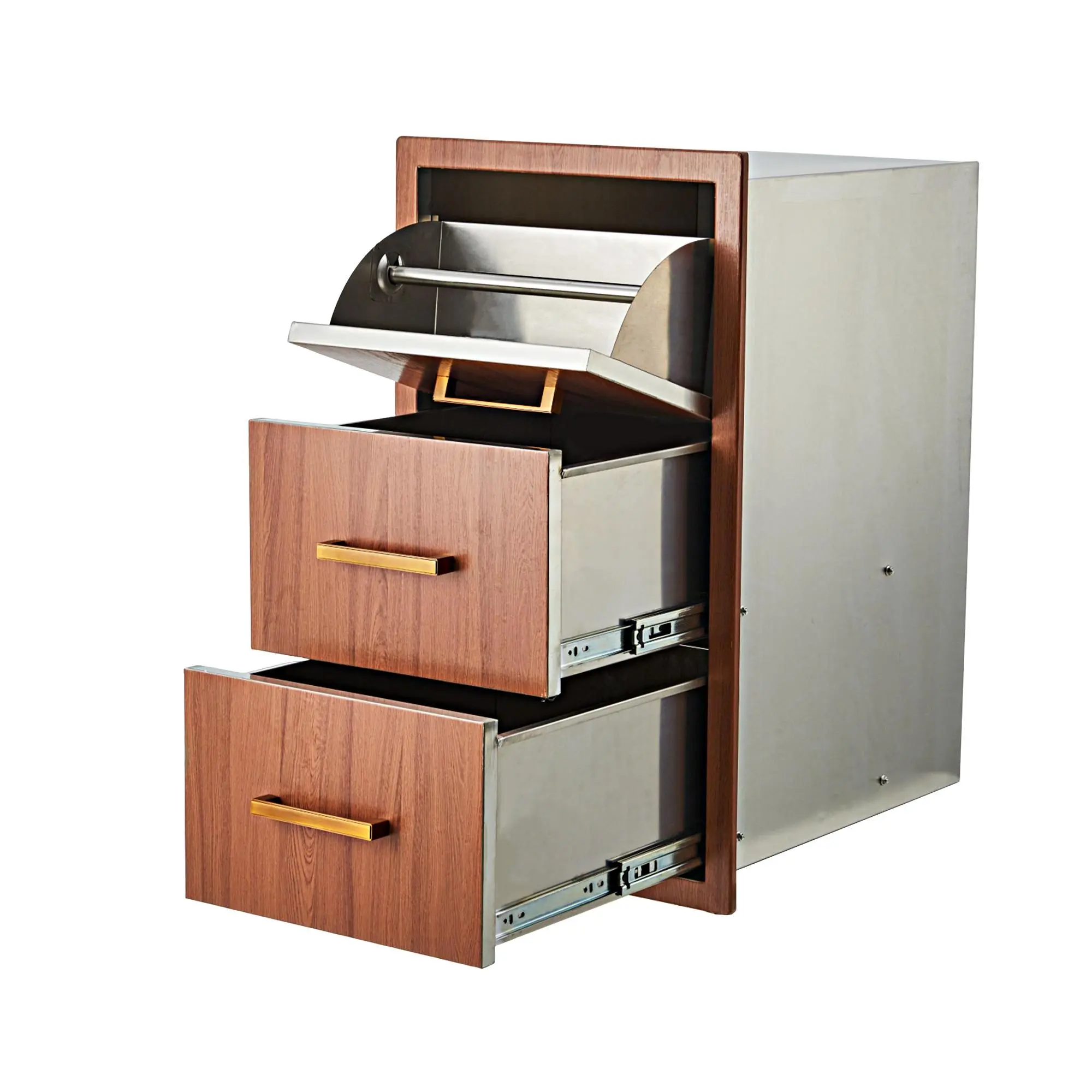 Weatherproof Triple Drawer Outdoor Kitchen Cabinet with Built-in Paper Towel Holder, Stainless Steel Handle, Flush Mount Drawer Organizer & Stainless Steel Cookware Storage for BBQ Island, Patio Grill Station - Brown