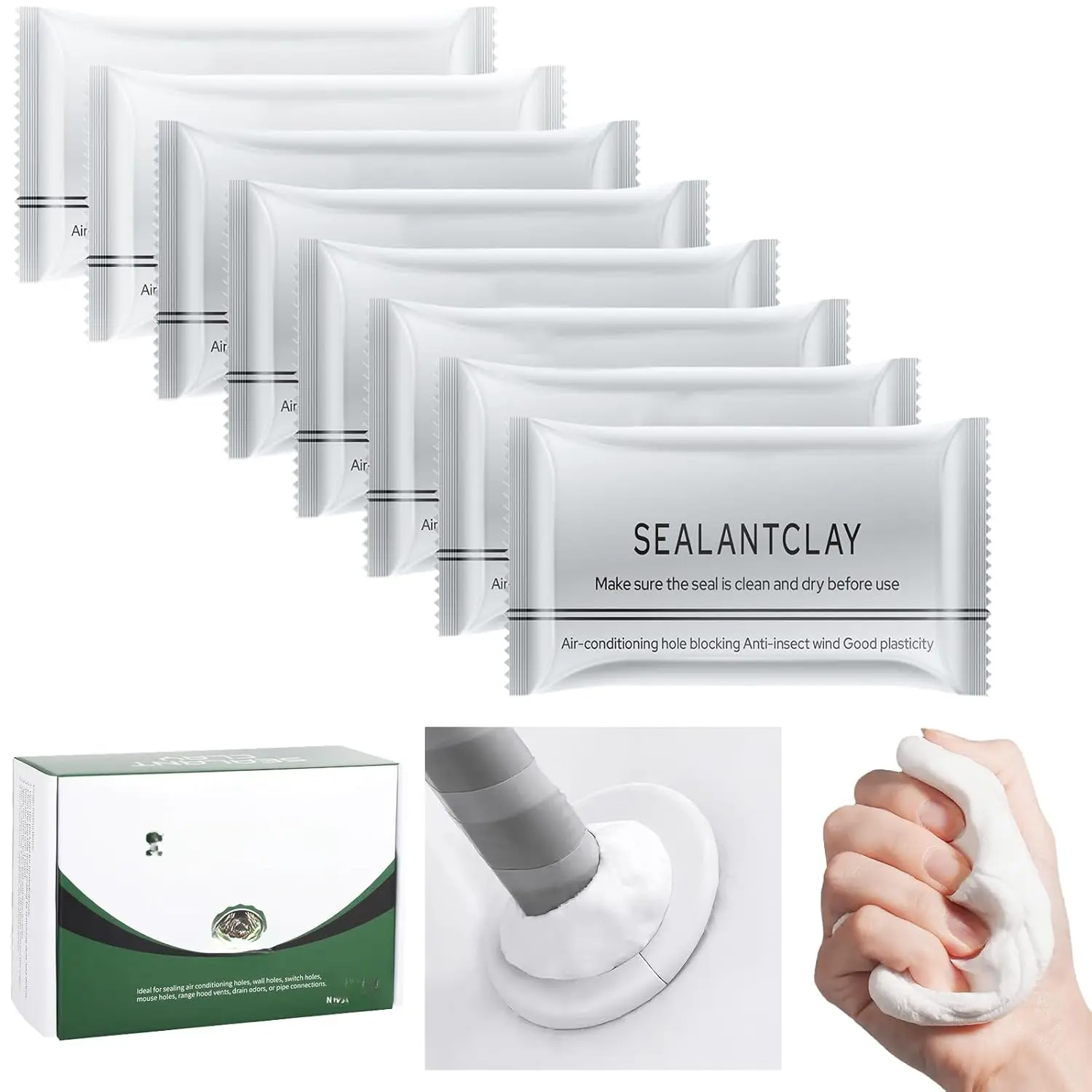 Waterproof Sealant Mastic,Pack of 8 White Seal Putty Waterproof Duct Seal Repair Sealing Clay, Quick Mending Mud  Drain Connection, Wall Hole, Air Conditioning Hole Seal Putty