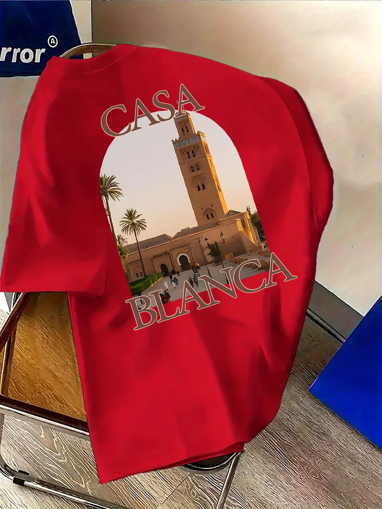 Men's Fashion Casablanca Print T-Shirt - Simple Casual Round Neck Short Sleeve Tee, Machine Washable Summer Clothing, Suitable for Summer and Year-Round Wear, Ideal for Daily Casual, Home, and Outdoor Use