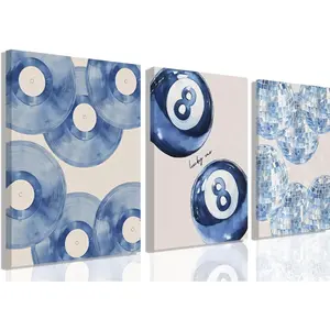 Trendy Blue Wall Art Set of 3,  Navy Blue Wall Decor, Coquette Disco Lucky Me 8 Ball Poster Canvas Prints Aesthetic Pictures for Teen Girls Bedroom Living Room Dorm Home Decor 24x16in Framed