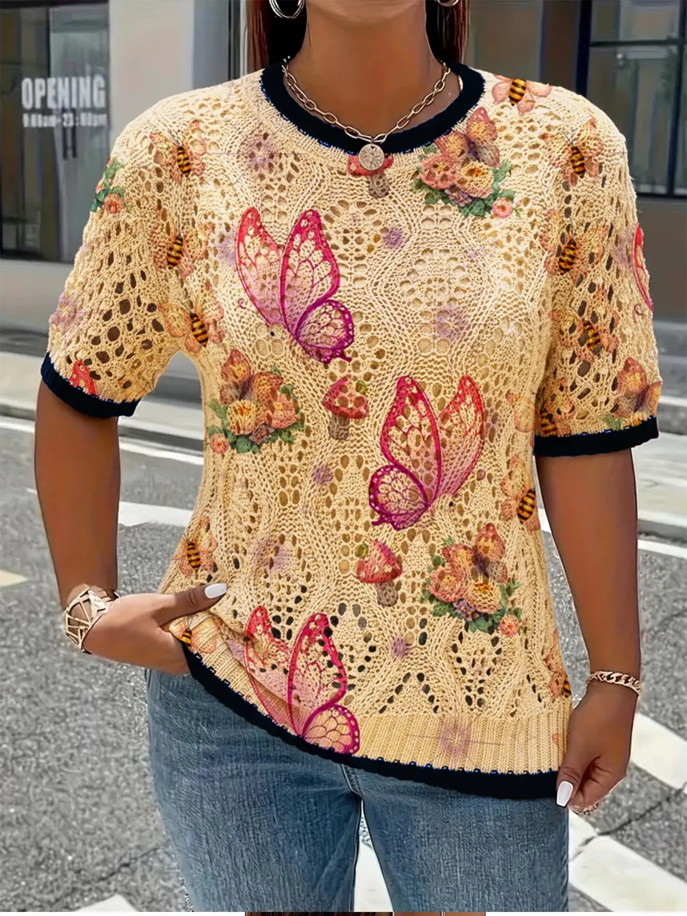 Women's Butterfly Print Round Neck Short Sleeve Knit Top, Knitted Casual Breathable Pullover, Elegant Everyday Wear for Spring Summer Fall