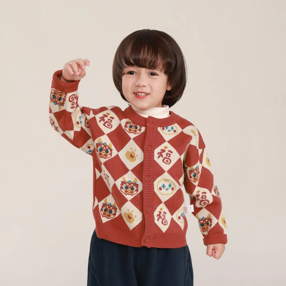 Boys' Red Cotton-Knit Cable Cardigan Sweater - Medium Length, Fitted Cut, Cozy Wear, Cute Design Boys' Knitwear, Parent-Match Holiday Look, Cpsia Label, Soft Cotton
