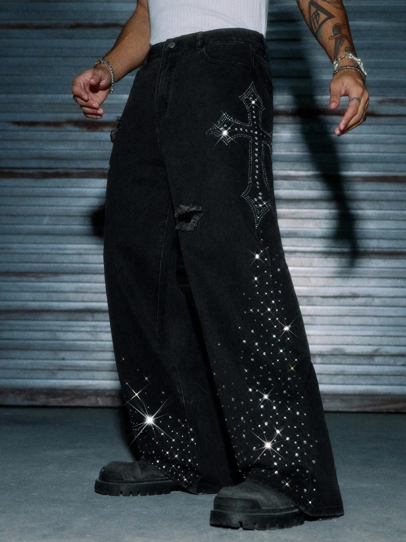 New Men's American Vintage Cross Diamond Jeans, Streetwear Loose Fit Oversized Casual Wide Leg Pants, Trendy Long Trousers for All Seasons