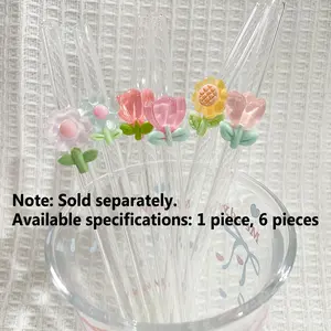 Reusable Thick Glass Straw Set with Flower Charm, Cartoon Arc Transparent Party Straws, Ideal for Kitchen, Cold Drinks, Bar, Parties, Gifts