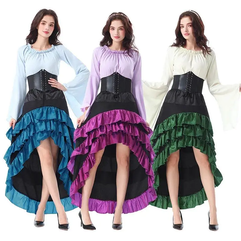 Medieval Pirate Style Corset Dress, Fashionable Halloween Clothes with Front-Short Back-Long Design & Ruffled Hem