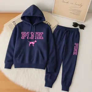 Women's Pink Print Hoodie And Drawstring Track Pants Set, Casual Sportswear, Long-Sleeved Hooded Jacket And Pants, Suitable For Autumn And Winter, Everyday Wear, Indoor And Outdoor Sportswear, Casual Sportswear