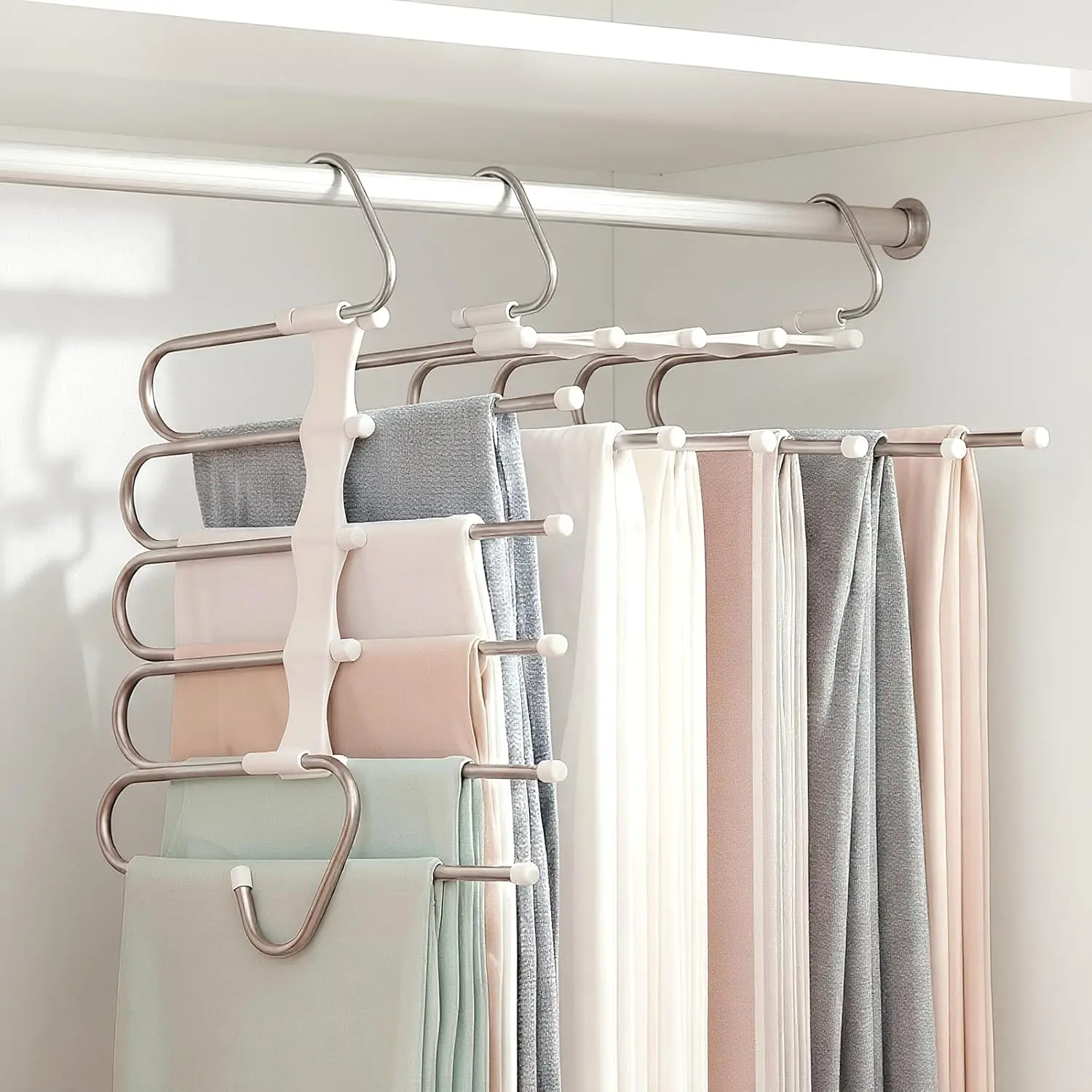 Pants Hangers Space Saving 5 Tier - 2 Pack Closet Organizers and Storage Closet Organizer,Anti-Slip Design,Closet Organizers and Storage for Pants Jeans Skirts Scarf Legging
