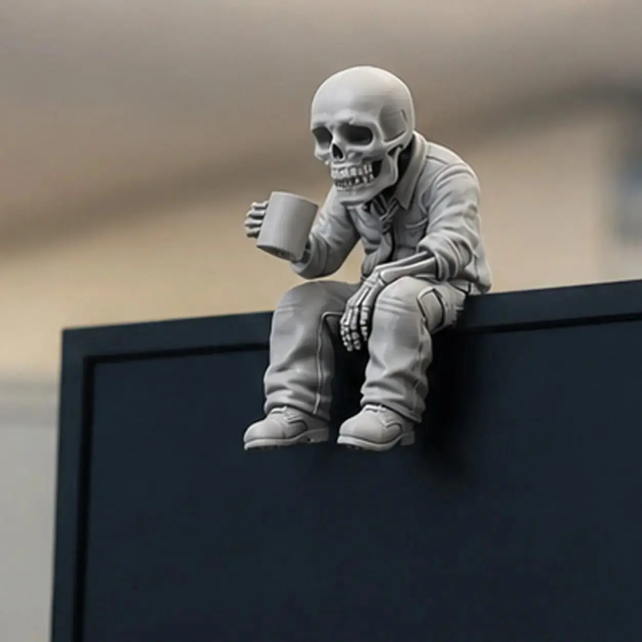8cm Work Burnout Skeleton Ornament, Skeleton Decoration, Funny Coffee Skeleton Desk Decor, Desktop Ornaments, Gothic 3D Printed Statue for Home Office, Work From Home Companion, Creative Home Decor