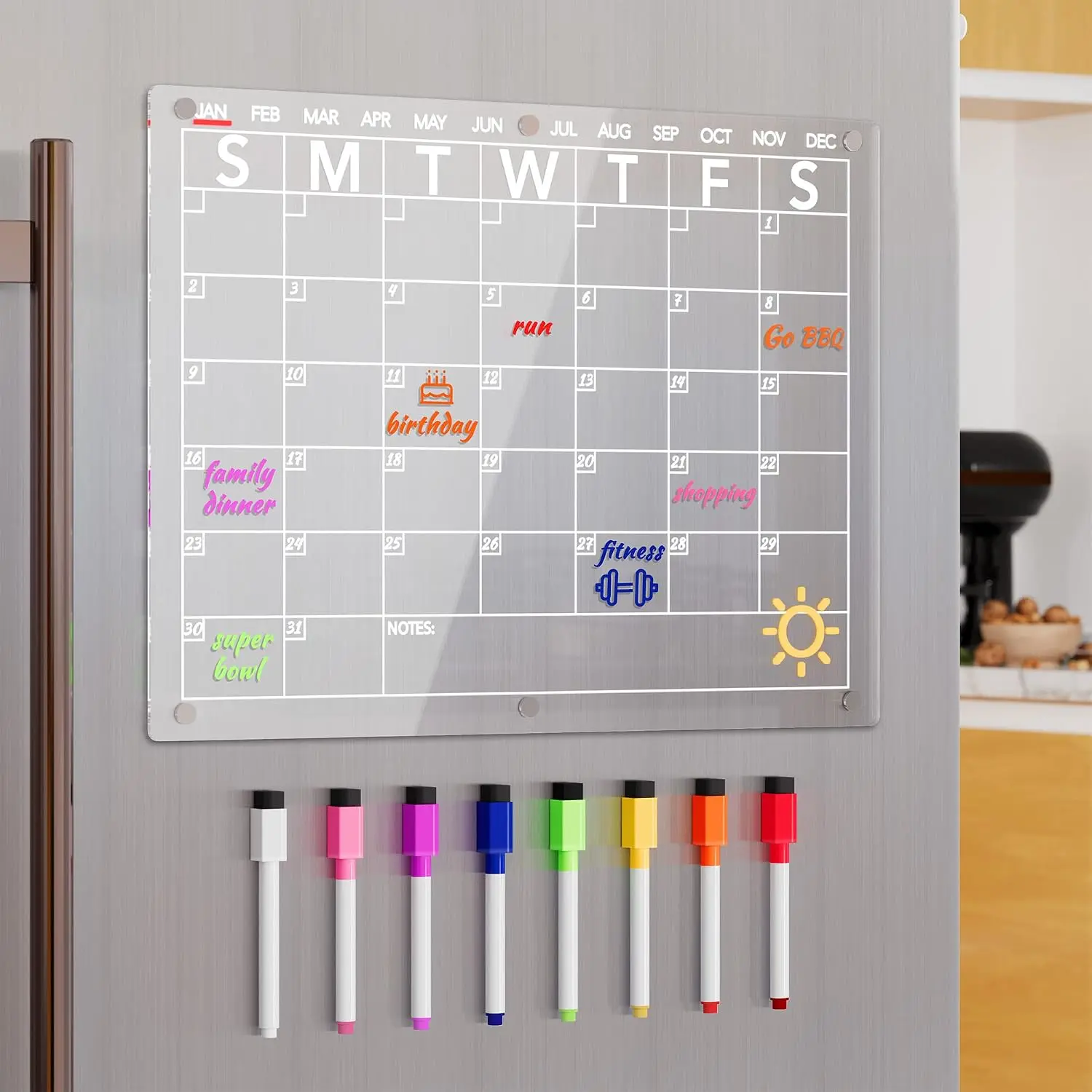 Dry Erase Board Calendar for Fridge, Clear Monthly Planner Whiteboard for Refrigerator, w/ 8 Colors Markers, 15"x11"