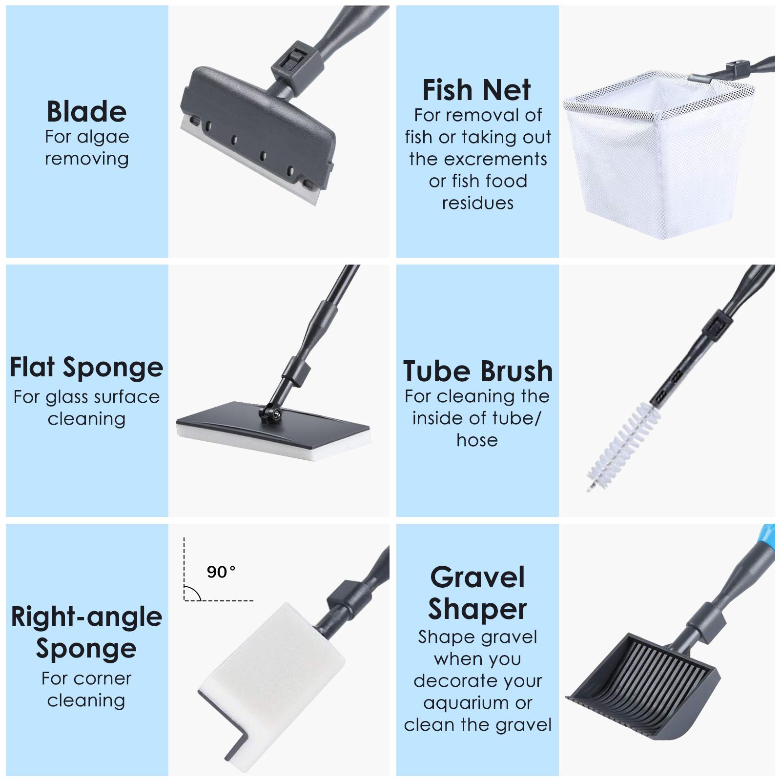 6 in 1 Adjustable Aquarium Cleaning Tool Kit Fish Tank Cleaning Kit for 20-160 Gallon Tank with Telescopic Long Handle, Algae Scraper, Scrubber Pads, Tube Cleaner, Fish net, Gravel Rake Fathersdaygift Removal