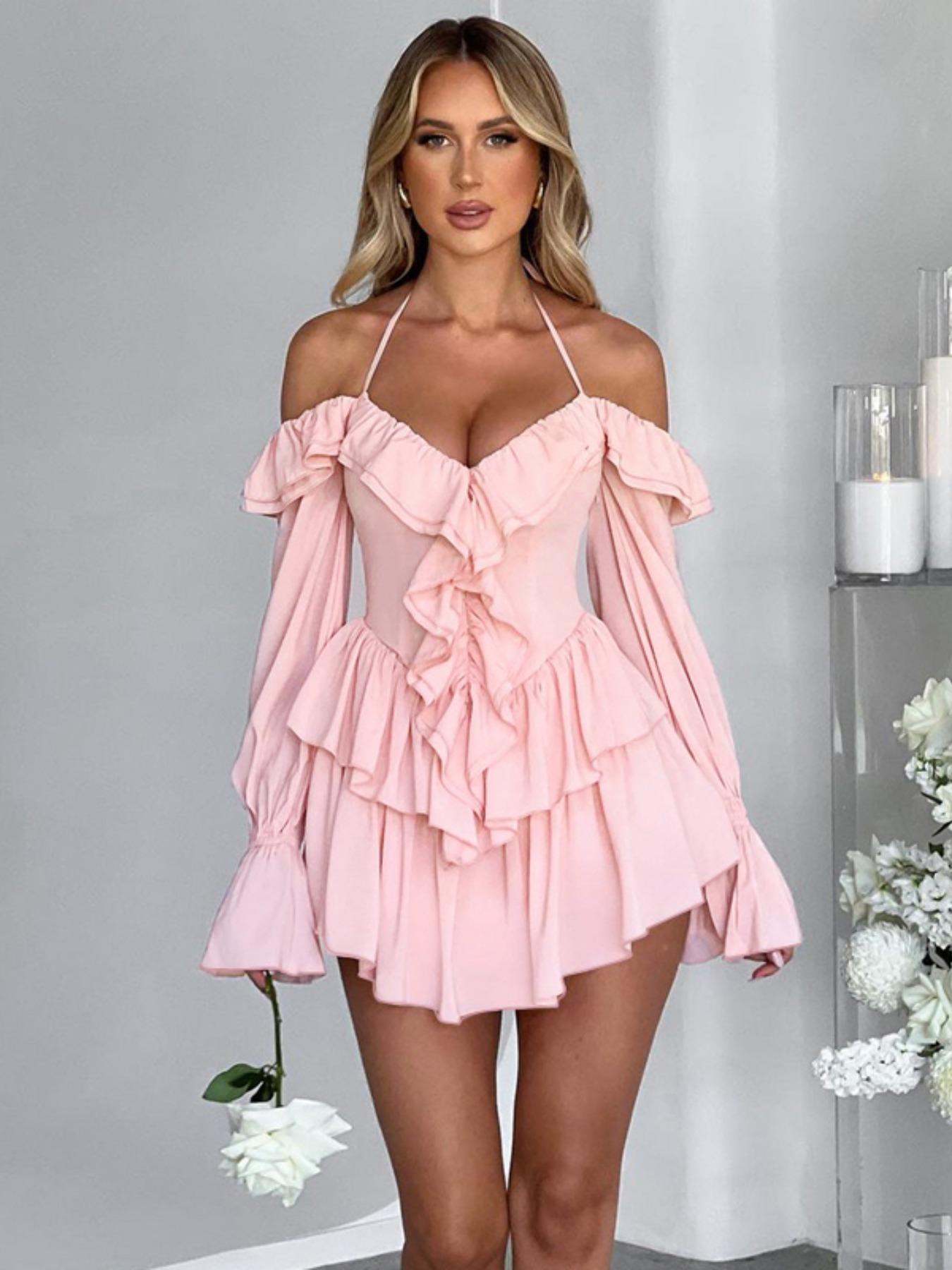 Women's Vintage Fitted Off-Shoulder Long-Sleeve Ruffle Halter Neck Overalls - Casual Summer Clothes
