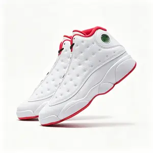 2026  Retro White & Red High-Top Basketball Sneakers, Durable Leather Upper Shock Absorbing Outsole Casual Sports Shoes