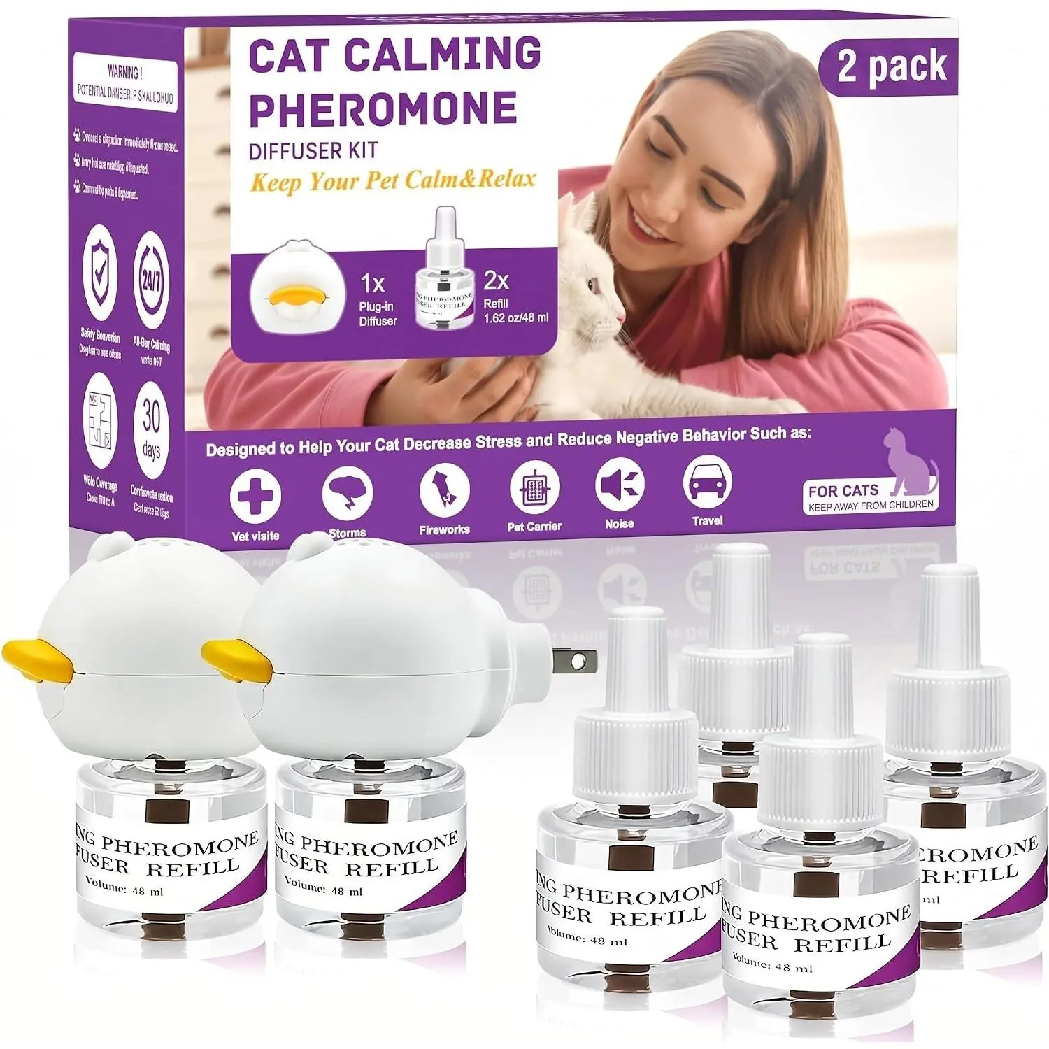 Cat Calming Pheromone Diffuser 30-Day 2 in 1 Multicat Relaxing Diffuser Relieves Anxiety Stress Reduces Pee Spraying Fighting & Scratching for Cats