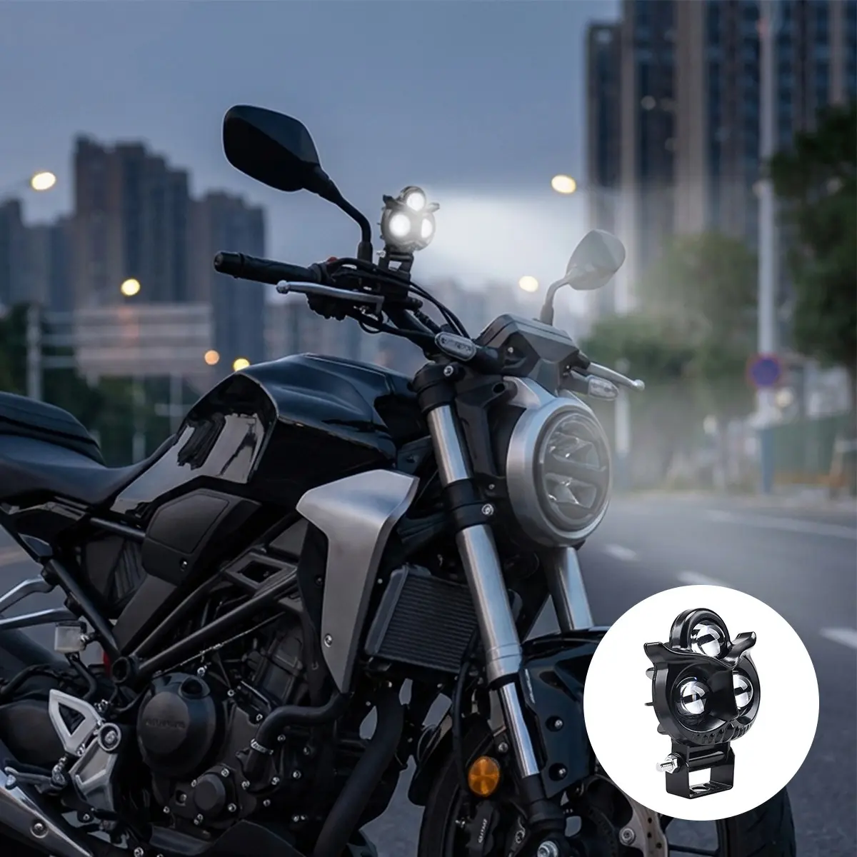 Motorcycle External Triple Spotlight, Modified Dual-Color Headlight, Amber Low Beam & White High Beam, Front Driving Light