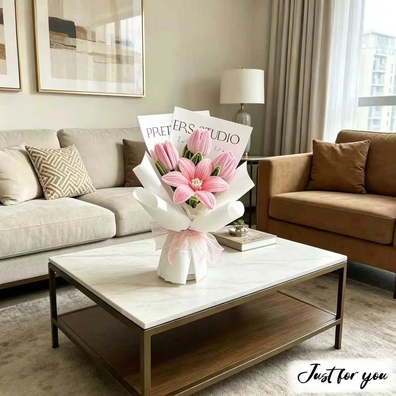 Handmade Artificial Lily Flower Bouquet, Cute Small Floral Arrangement, Home Office Decor, Holiday Gift, Birthday Present, Fake Flowers
