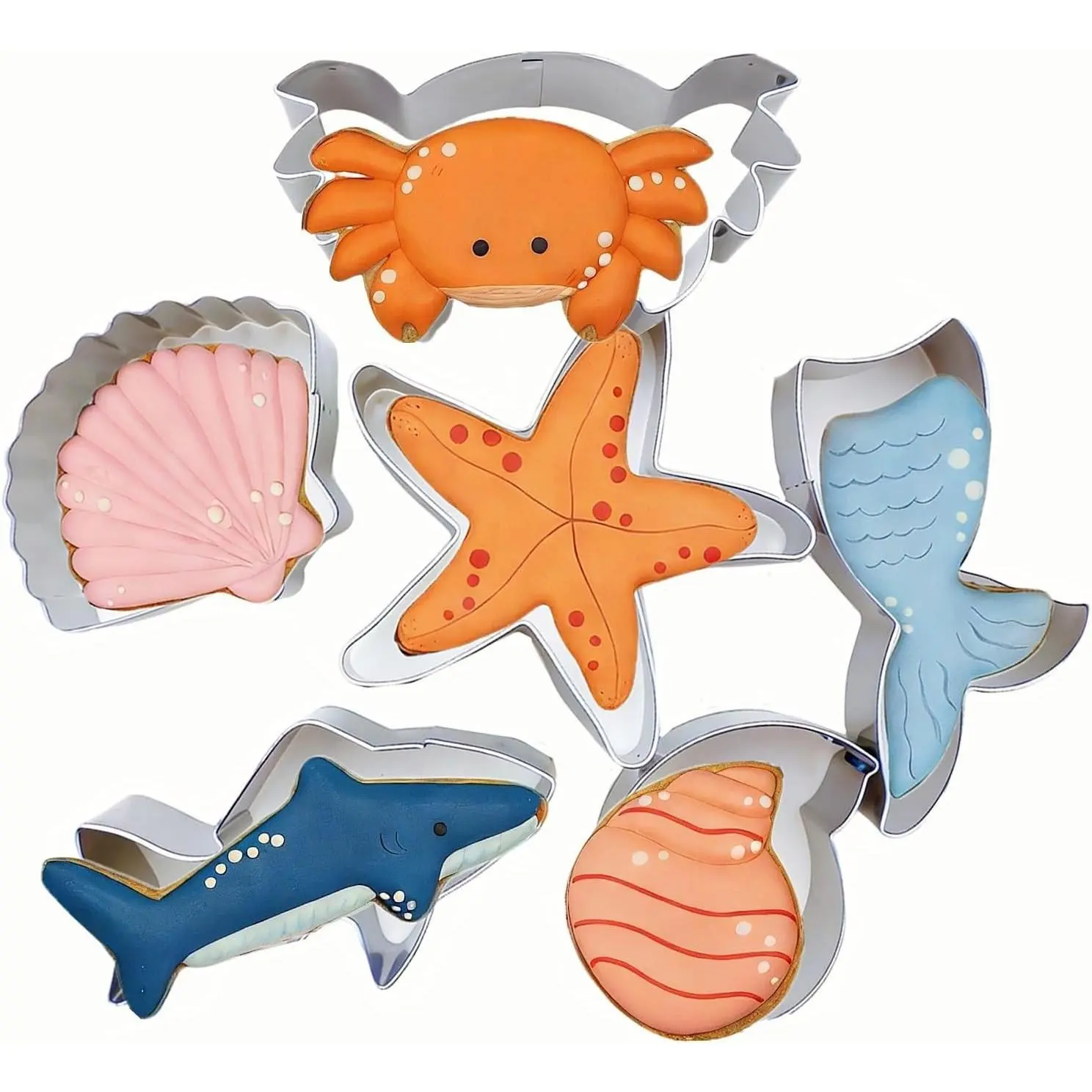 6 PCS Mermaid Cookie Cutters Set - Mermaid Tail, Starfish, Seashell, Shark, Crab Shapes Summer Themed Stainless Steel Metal Biscuit Molds for Kids Birthday Party Holidays