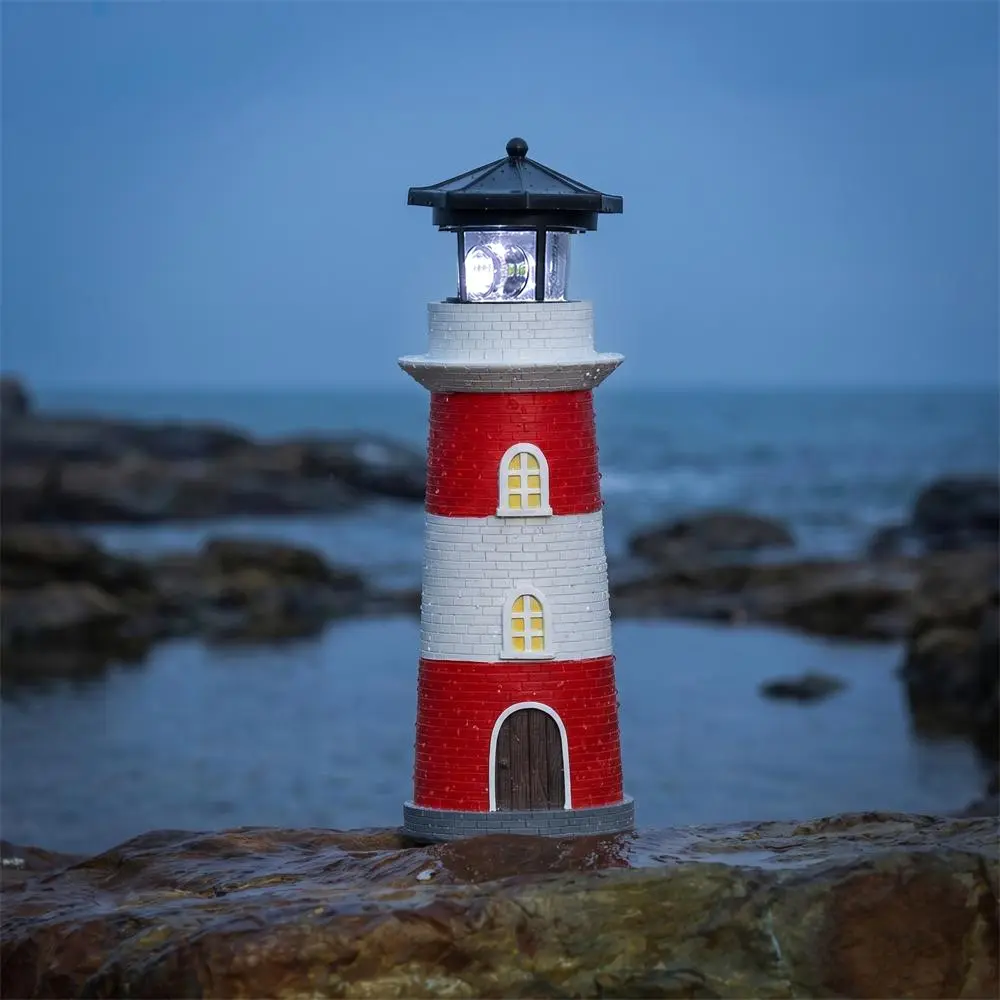 Solar Lighthouse Outdoor Nautical Style Decoration, 360° Rotating LED Lawn Statue Lamp, Durable Resin Lighthouse Sculpture Ornament, Suitable for Landscape Decoration of Courtyards, Lawns, Patios, and Walkways, Festival Gift