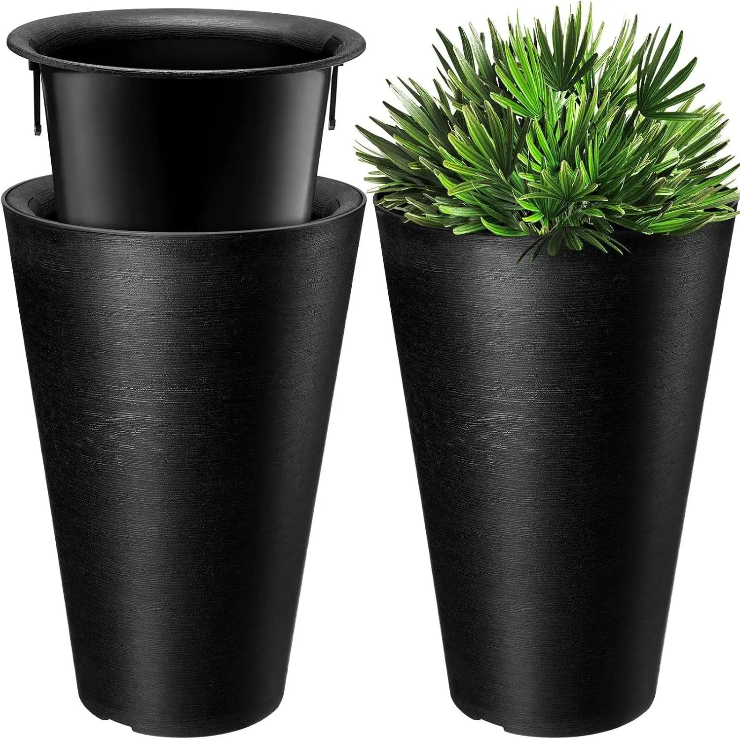 Set of 2 Tall Outdoor Planters 12 x 18 Inch Large Resin Outdoor Planters for Front Porch Flower Round Floor Decorative Indoor Pots with Drainage(Black)