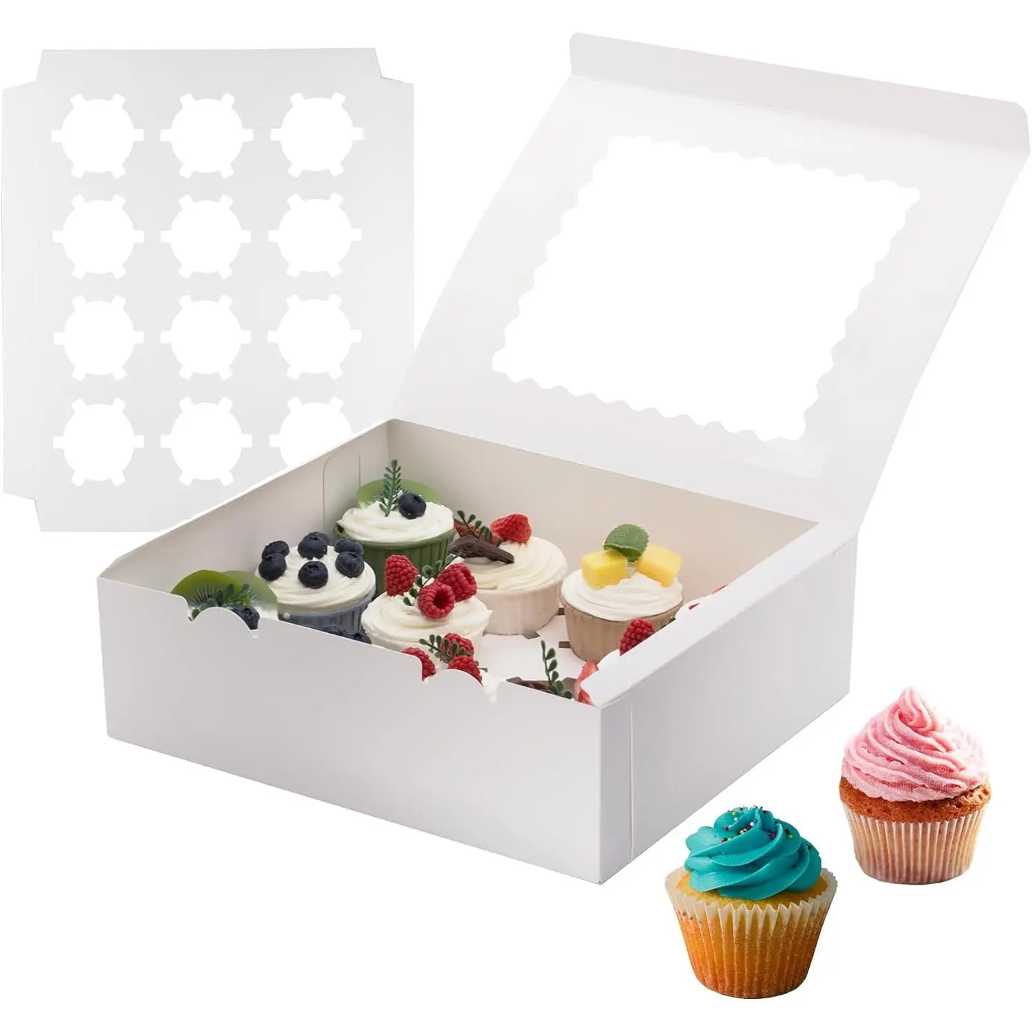 4 Pack Cupcake Boxes, Hold 12 Count Cupcake Containers with Window, High Grade Cupcake Holder, Easy Transport and Presentation, for Birthday Holiday Party, Desserts and  (White - 4 Pack)