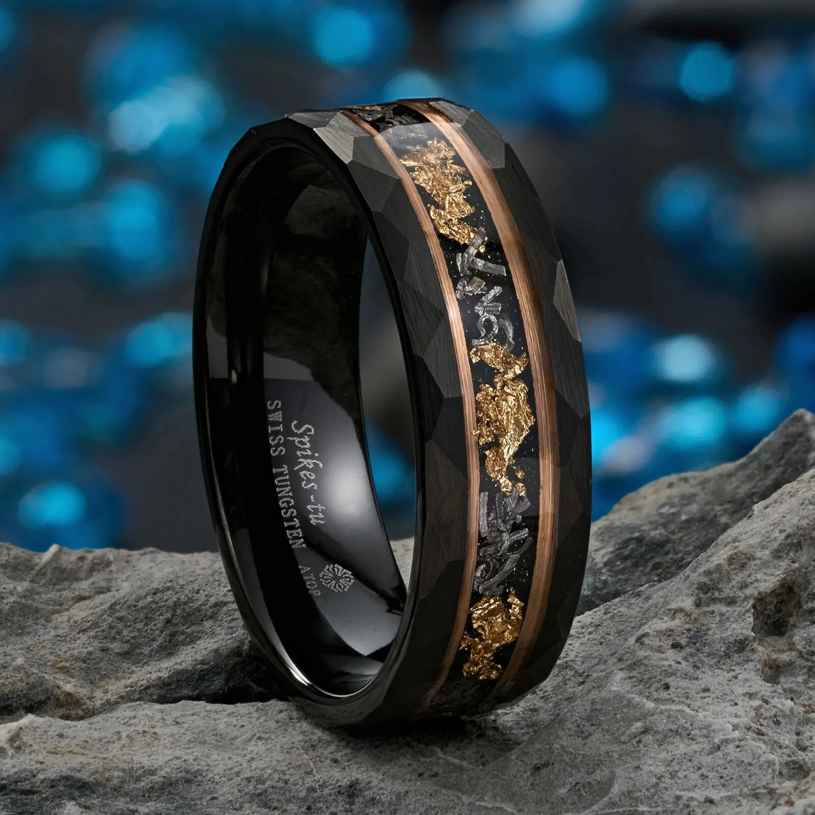 8mm ATOP Plated Stripe 24K Gold Foil & Meteorite Tungsten Mens Wedding Band