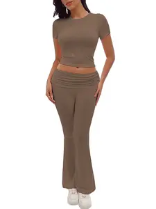 Women's Casual, Short Sleeve Crop High Waist Foldover Flare Pants, Tracksuit Set, Streetwear Style, All Seasons