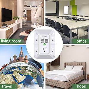 Wall Charger, Surge Protector, 5 Outlet Extender with 4 USB Charging Ports, 3-Sided 1680J Power Strip Multi Plug Adapter Spaced for Home Travel Office