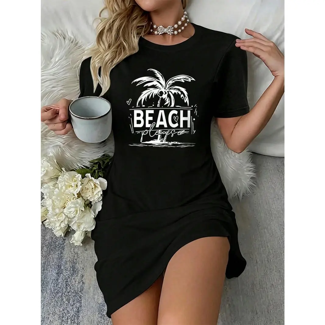 Women's Oversized Beach Palm Tree Graphic T-Shirt Dress - Short Sleeves, Loose, Breathable 95% Polyester-5% Spandex Stretchy Streetwear, Summer Vacation Mini Coverup, Lightweight Casual Daily Elegant Slip-On Dress, 300G, Cold Wash Only (Do Not Dry Clean)