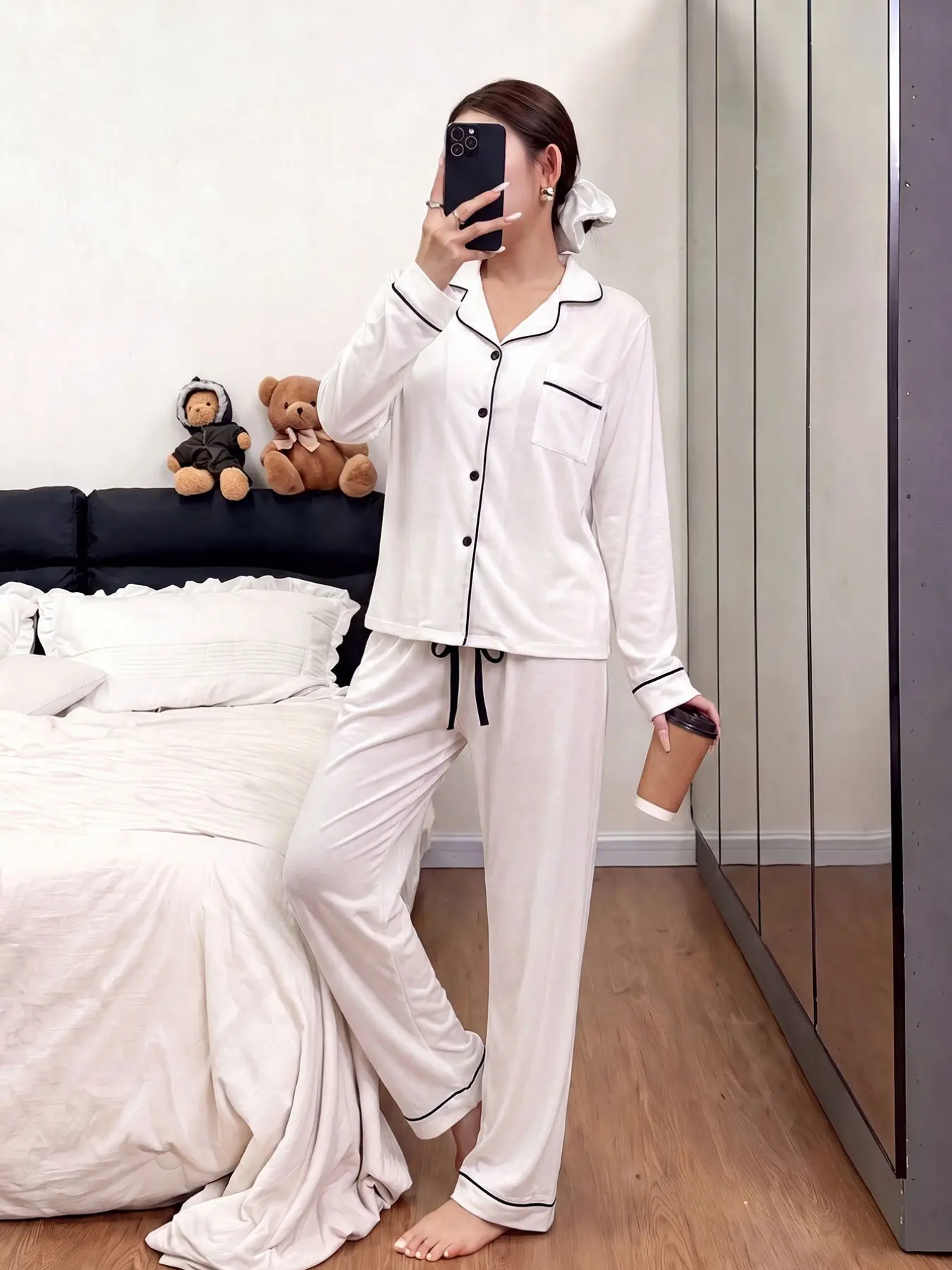 Women's Fall Winter Pajama Set, Plain Color Long Sleeve Button Front Sleepwear, Casual Slim-Fit Home, Cozy Lounge Wear