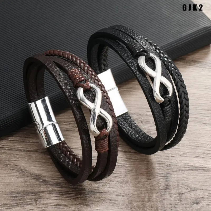 Multi Layer Braided Leather Bracelet, Stackable PU Wristband with Infinity Symbol Charm, Magnetic Clasp Wrap Bracelet, Retro Punk Jewelry Accessories, Adjustable Bracelet for Daily Wear & Gift