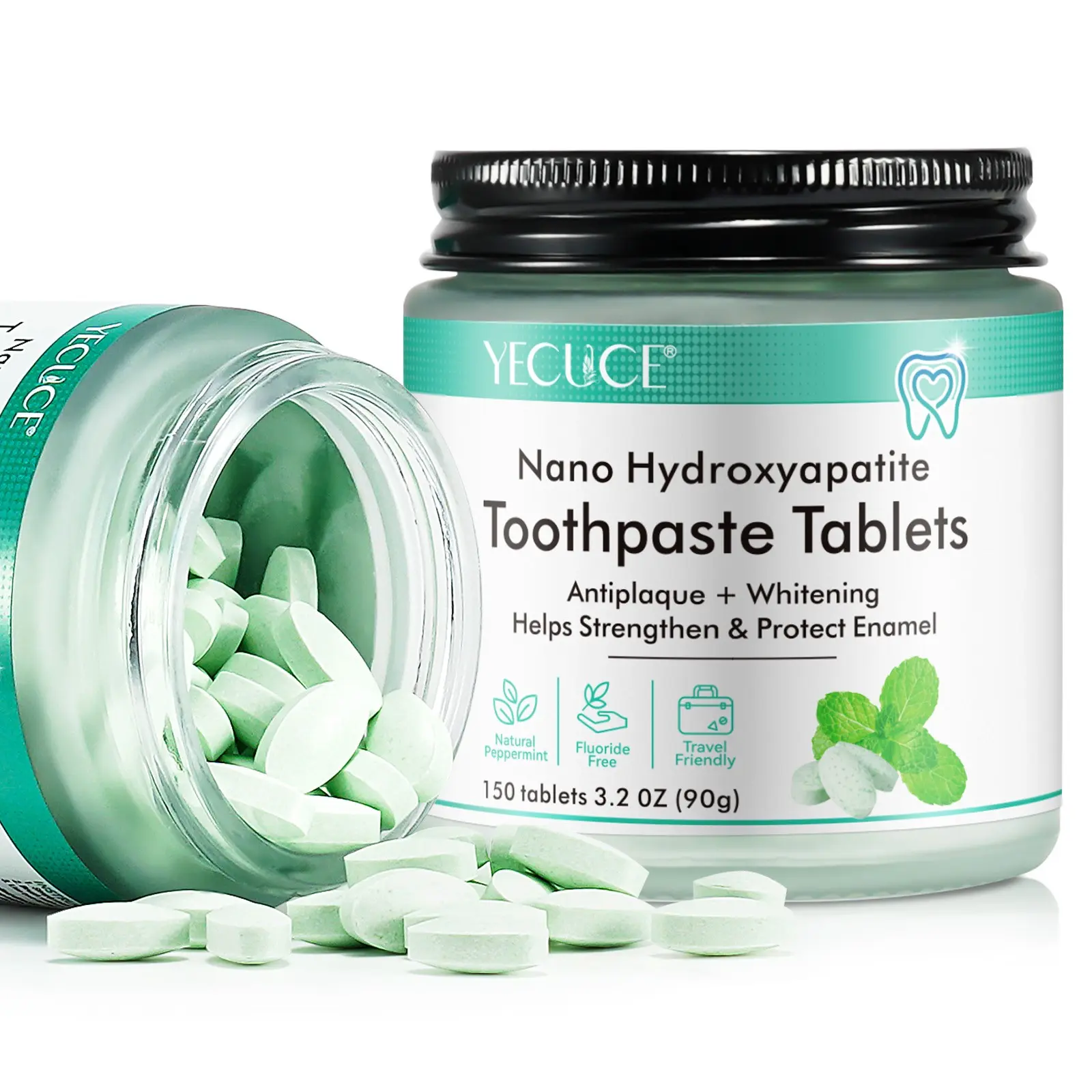 YECUCE Toothpaste Tablets (150 tablets)—relieve tooth sensitivity; xylitol toothpaste for adults; enamel care; travel-friendly; whitens teeth and freshens breath