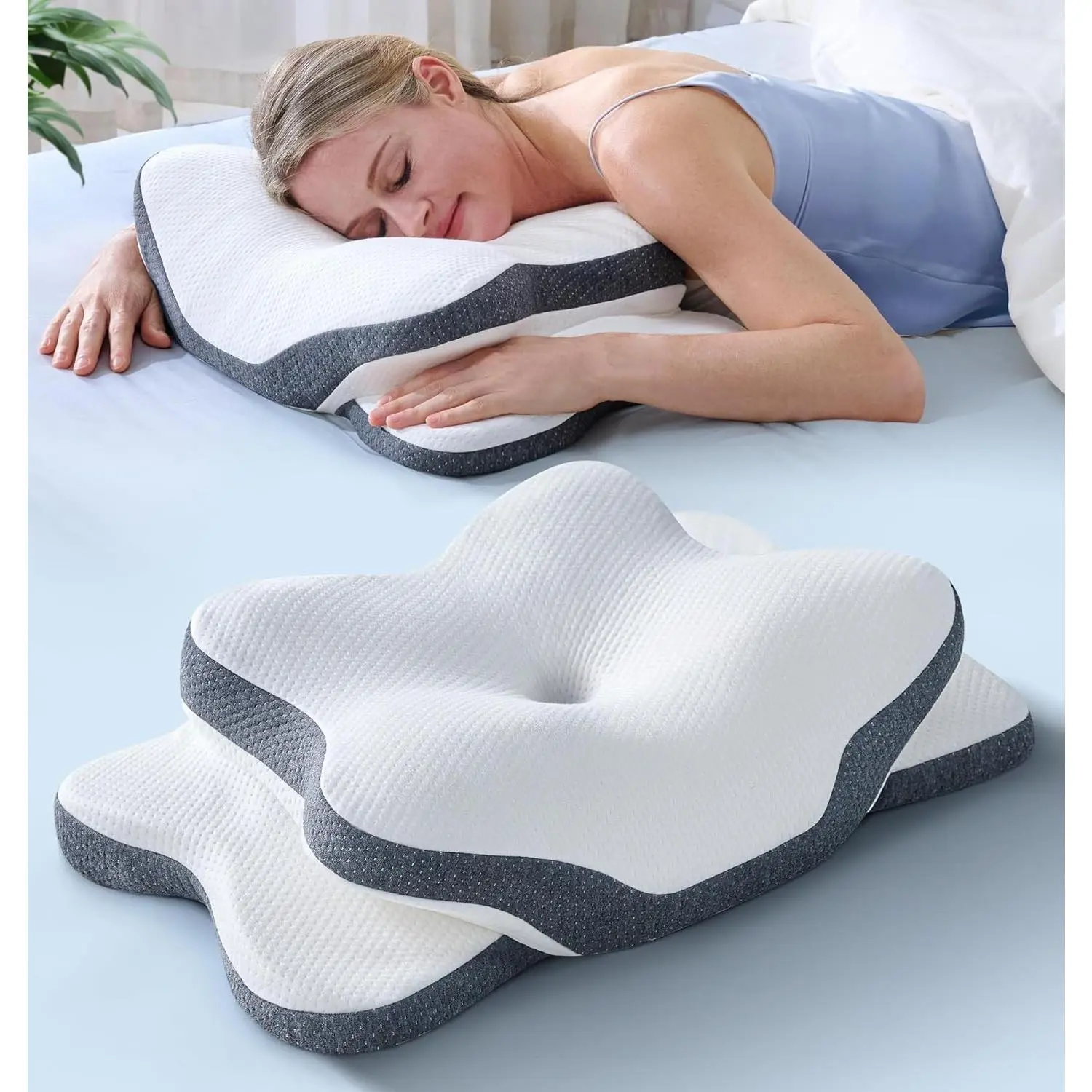 Pain Relief Cervical Neck Pillow for Neck Support, Ergonomic Cooling Side Sleeper Pillow for Sleeping, Odorless Contour Memory Foam Orthopedic Bed Pillow for Side Back Stomach Sleeper