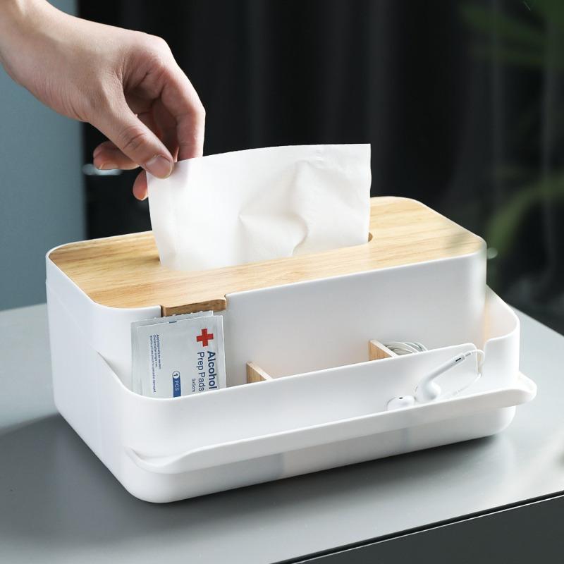 1pc Multifunctional Wooden Tissue Box with Lid - 3-Compartment Organizer for Tissue Paper, Napkins, and Small Items, Durable Plastic Construction, Ideal For Living Room And Bedroom Storage, Tissue Box For Bathroom, Bedroom Organization