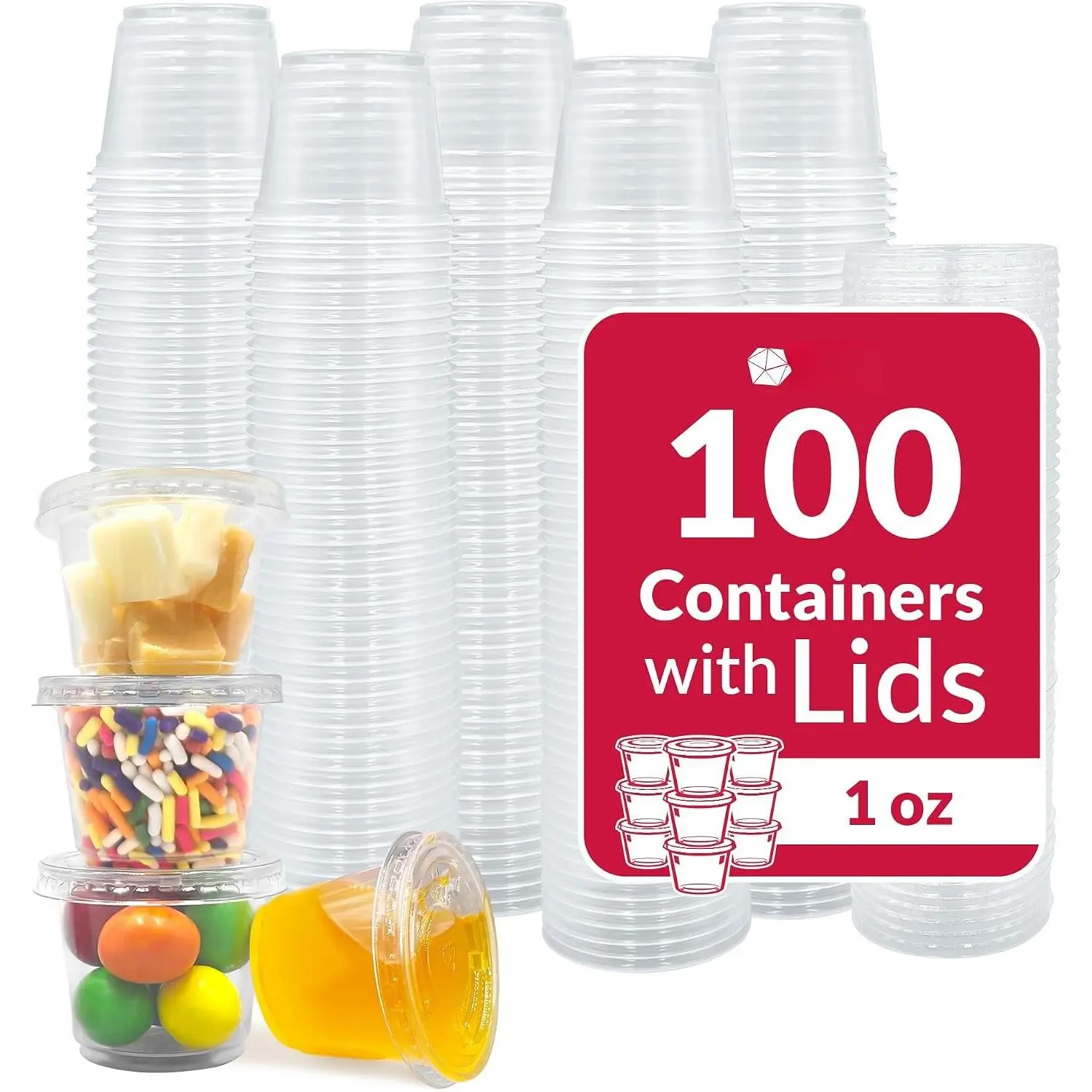 1 oz Condiment Containers with  (100 sets) | Ideal for Sauce, Souffle, Samples, Jello Shot Cups | Disposable,  Plastic | Small Containers 1oz, Bulk
