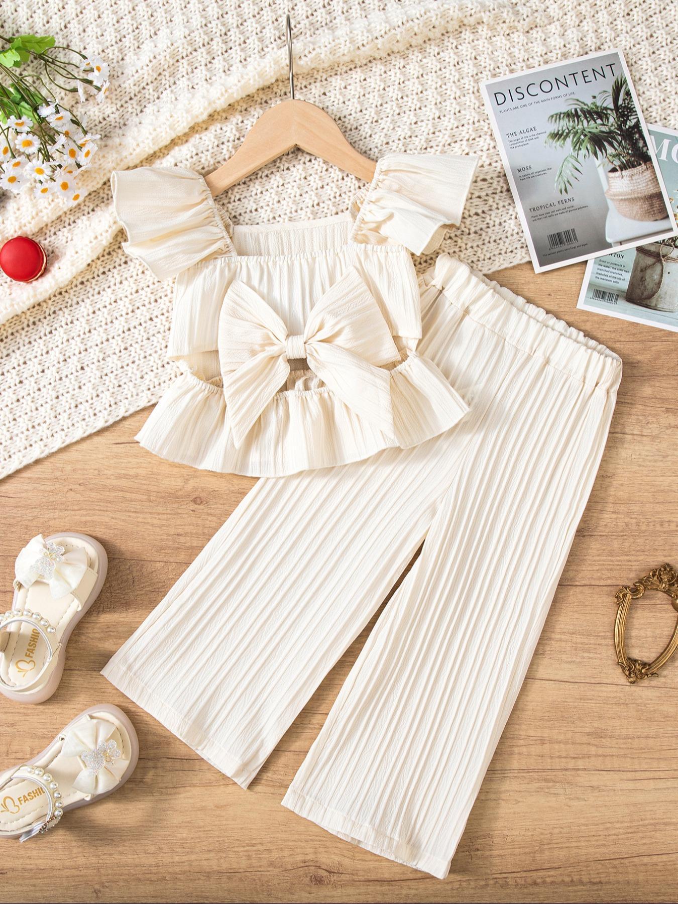 Two-Piece Set Toddler Girl's Solid Ruffle Trim Top & Wide Leg Pants Set, Casual Elegant Square Neck Top & Trousers for Daily Outdoor Wear, Kids Clothes for Summer, Fashion Style Sets