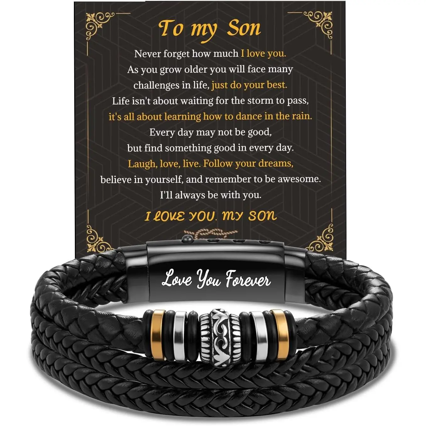 Braided Leather Bracelet Gifts For Son/Husband/Men,To My Son/Husband/Men Bracelet With Stainless Steel Adjustable Clasp,Engraved Love You Forever Men's  For Christmas Birthday Gifts