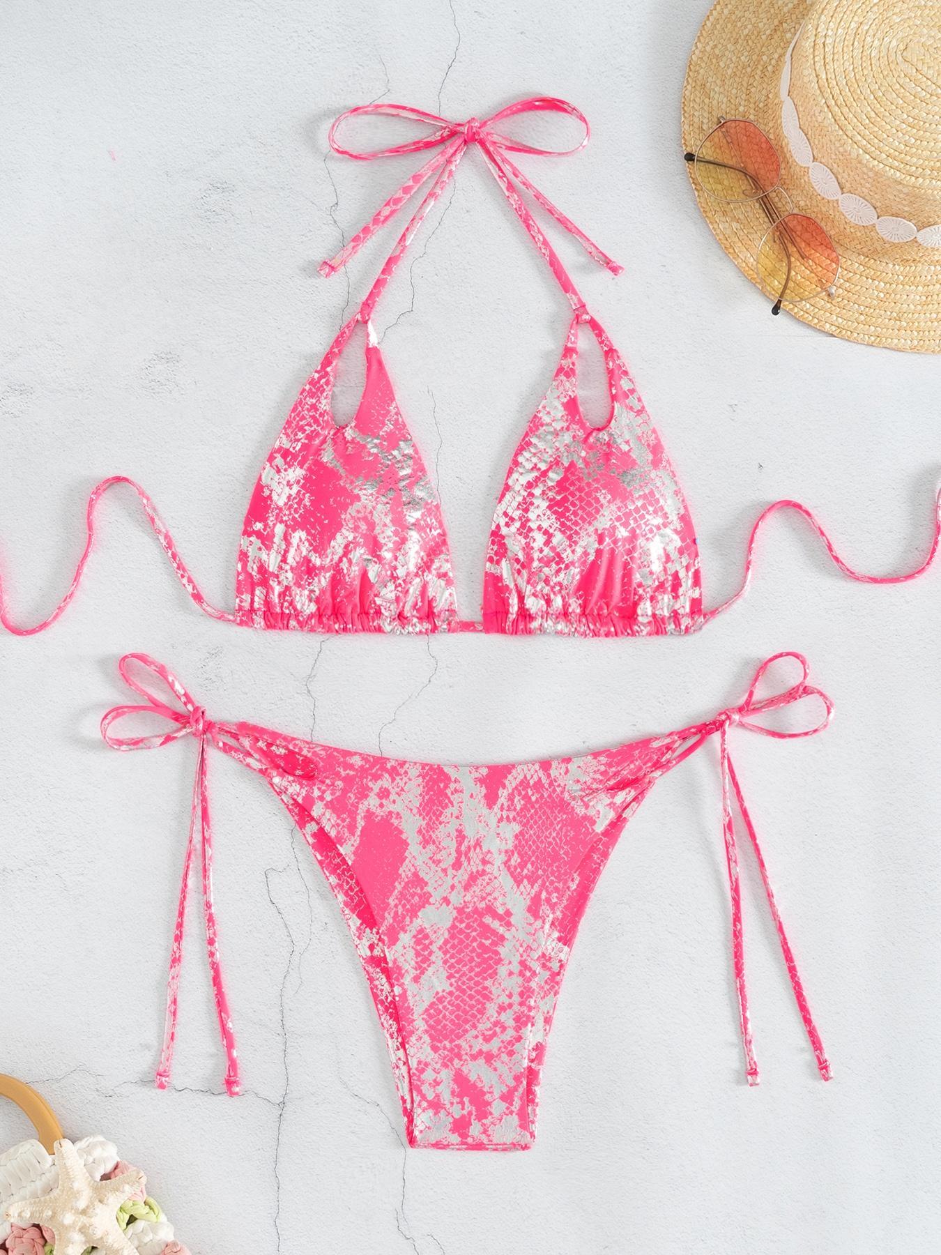 Two-Piece Set Women's Snakeskin Print Glossy String Bikini Set, Sporty Halter Neck Tie Back Triangle Swim Bra & Tie Side High Cut Swim Panty, Two-piece Swimsuit for Beach Holiday Vacation Tie Back Bikinis