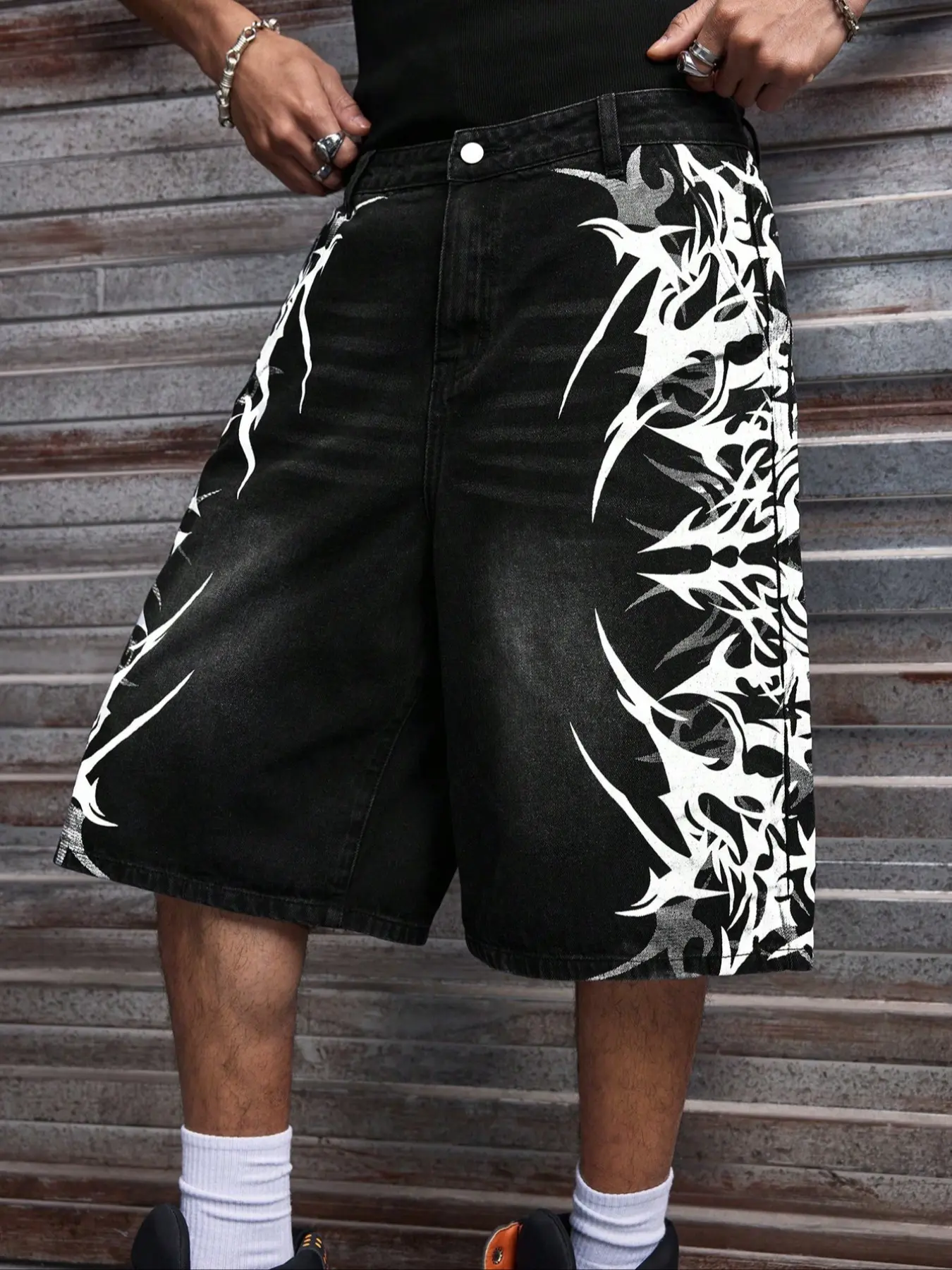 Y2K Dark Punk Abstract Spike Graphic Denim Shorts, Men's Vintage Washed Loose Fit, Skater Hip Hop Casual Jean Jorts