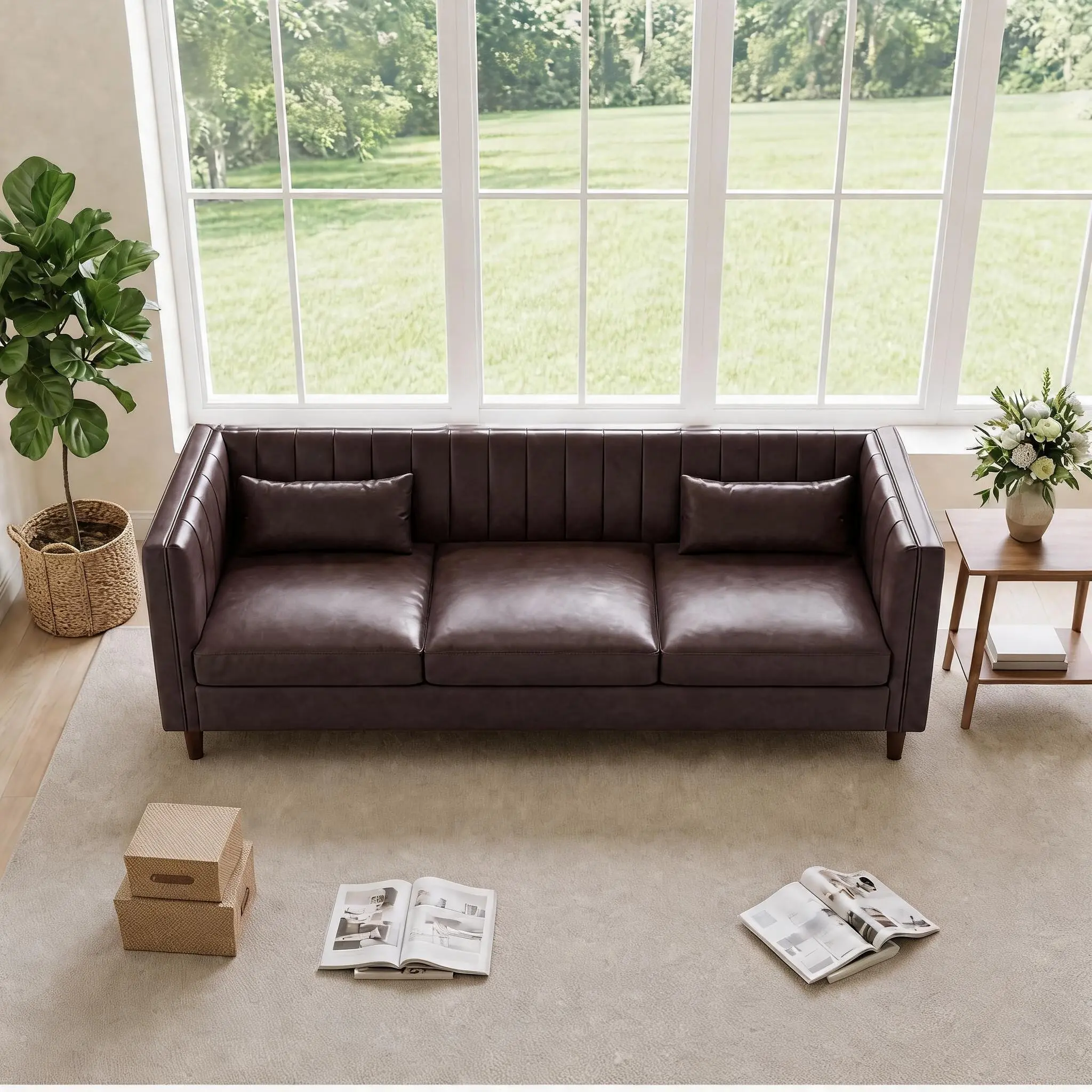3 Seater Chesterfield Leather Sofa Mid Century Modern Couch with Deep Seat and Button Tufted Design for Living Room Office Apartment
