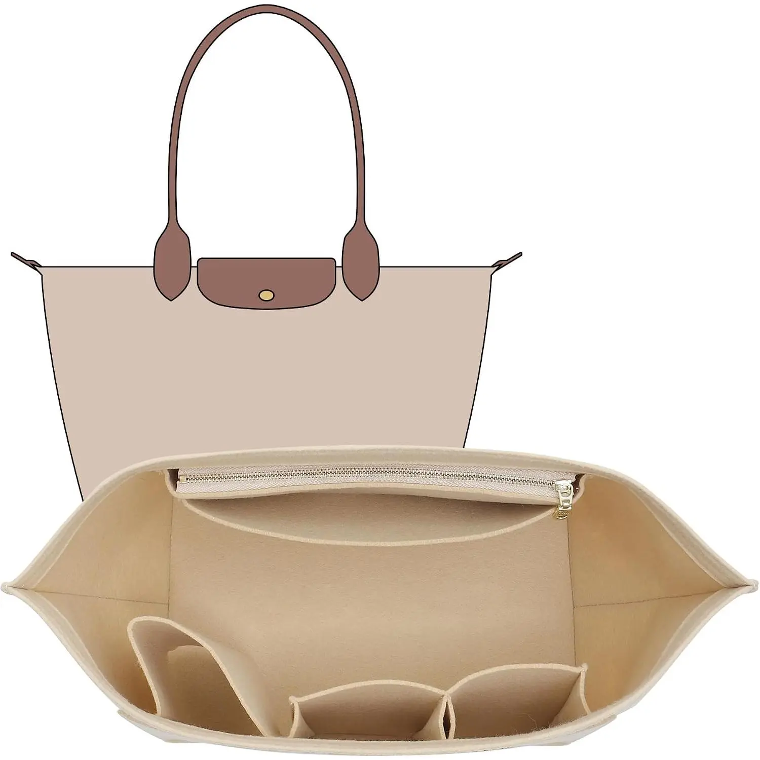 Purse Organizer Insert for Longchamp Le Pliage L Tote Bag, Beige