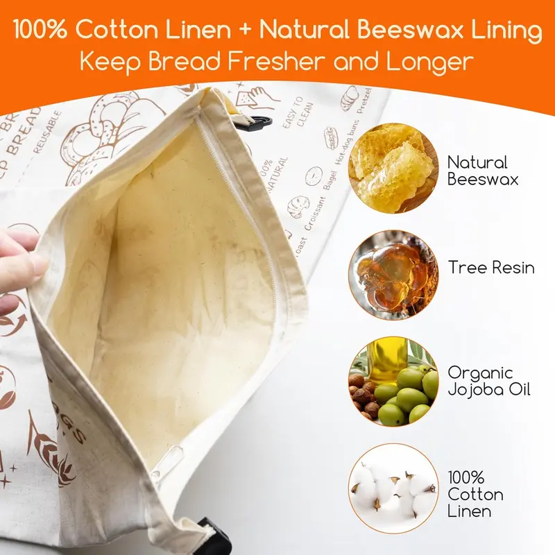 Tyzarglef Reusable Beeswax Bread Bags, 2 Pack 17x13 Inch Beeswax-Lined Cotton Bags - View #3