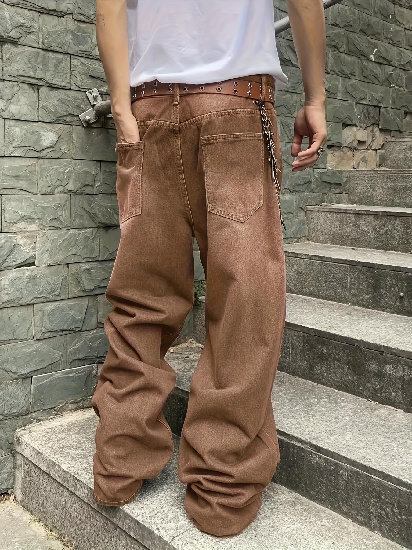 Men's Solid Color Wide-Leg Jeans, Loose, Casual, Stylish and Comfortable Wide-Leg for Daily and Outdoor Wear, Men's Bottoms for All Seasons, Menswear