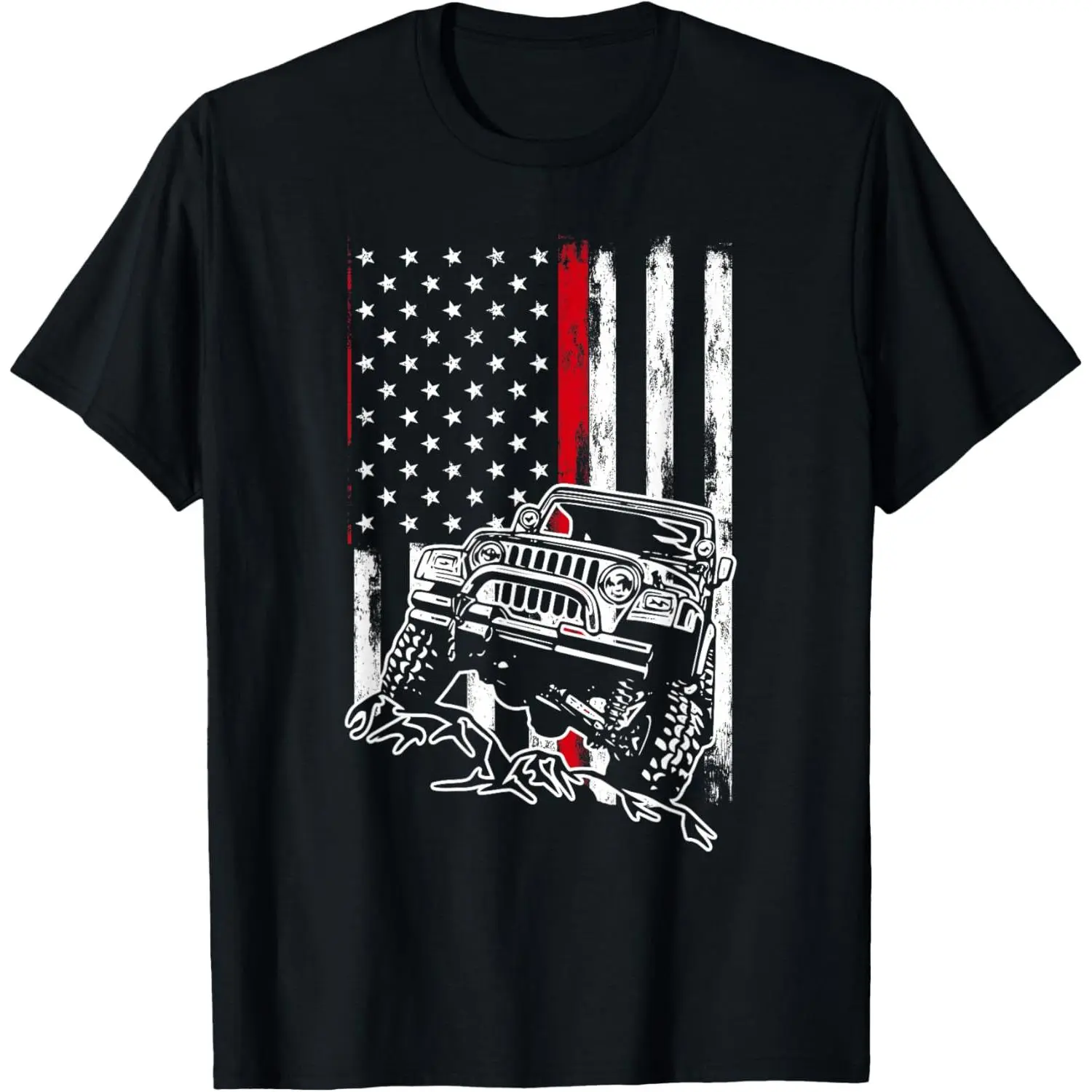 Distressed American Flag Offroad Jeep Graphic T-Shirt, 4x4 Mud Racing Cotton Short Sleeve Crewneck Casual Tee, Vintage Offroading Daily Street Apparel, Loose Fit Top for Off Road Adventure Enthusiasts, Menswear, Letter Print, Machine Wash, All Seasons