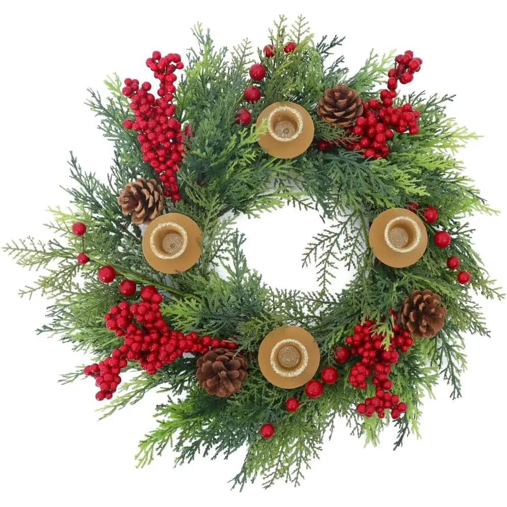 Christmas Candle Holder Wreath 18 inch Advent Centerpiece Decor Candle Wreath Decorations for Table Indoor Home & Church