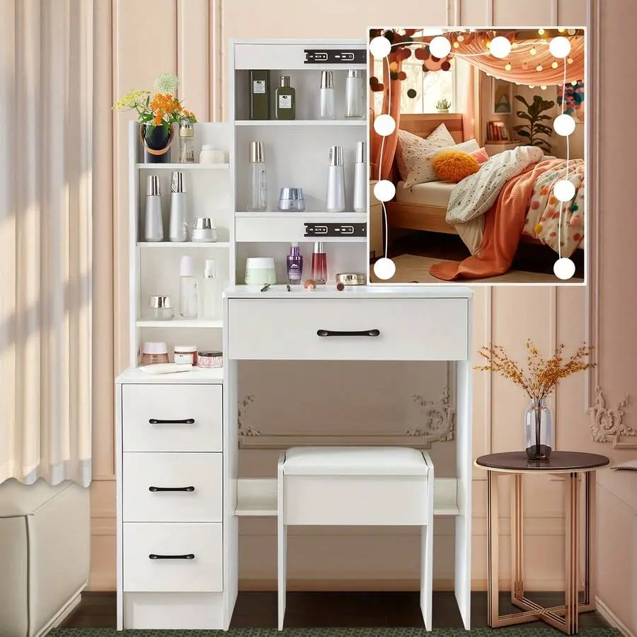Modern Simple Multi-Functional Dressing Table With Storage Drawers And Shelves Light Luxury Compact Makeup Vanity Desk Bedroom