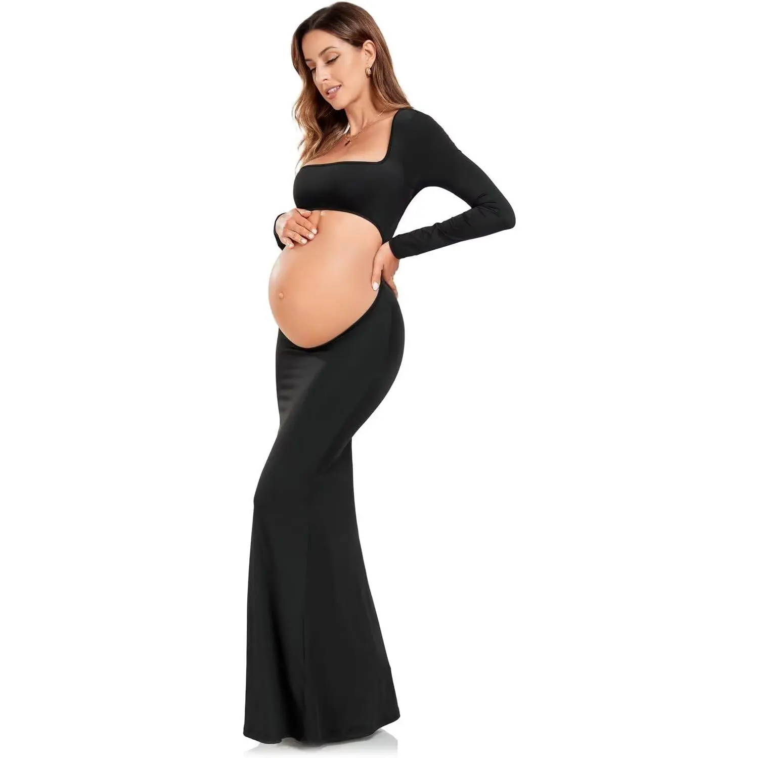 Women's Maternity Bodycon Dress - Black, Long Sleeve, Open Belly, Backless - for Photoshoots, Postpartum Wear - Tall Maternity Clothing