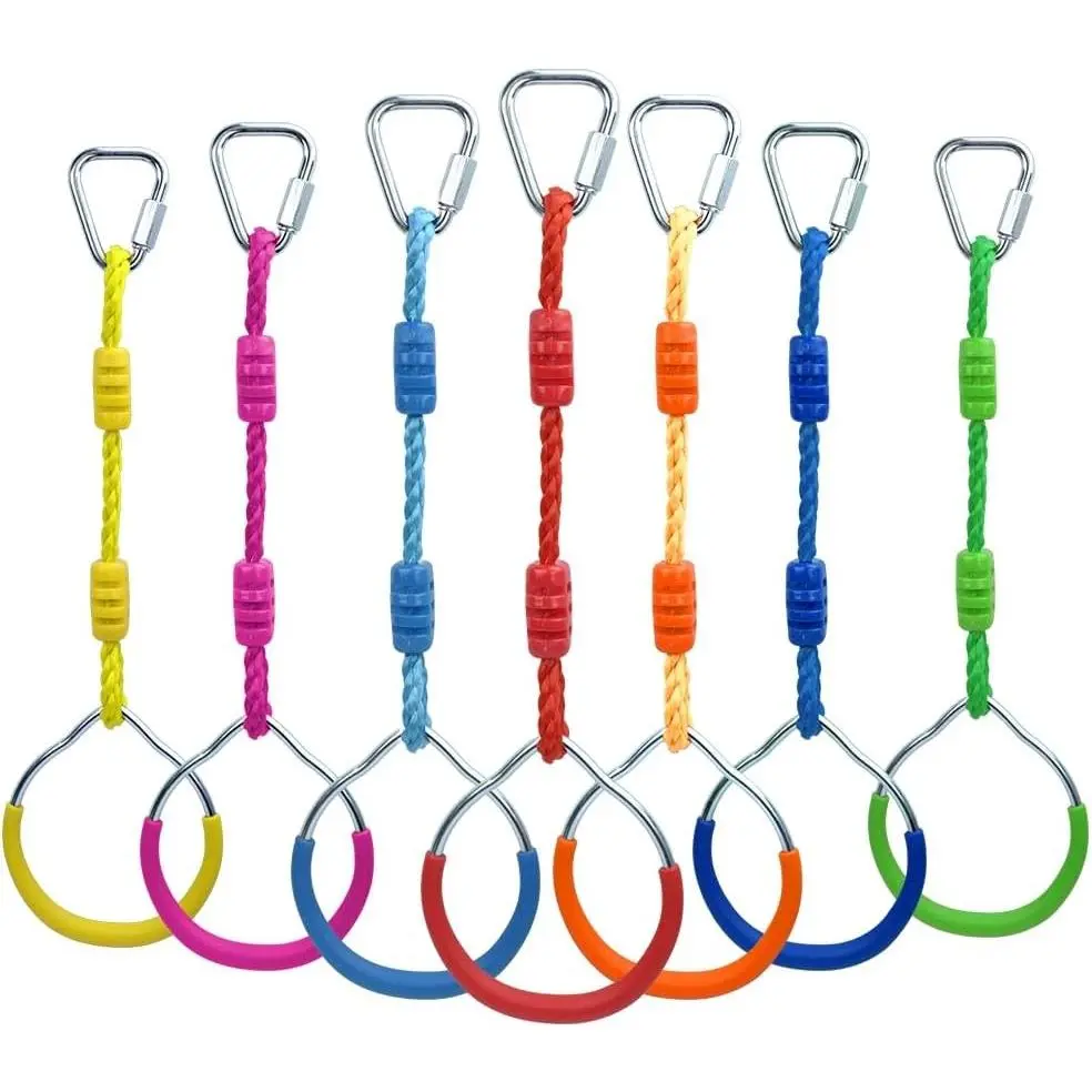 7 Colorful Ninja Gymnastic Rings Outdoor Backyard Playground Fitness Training Equipment Play Set, Funny Jungle Gym Fist Hanging Swing Monkey Bars Ninja Warrior Obstacle Course Trapeze Accessories