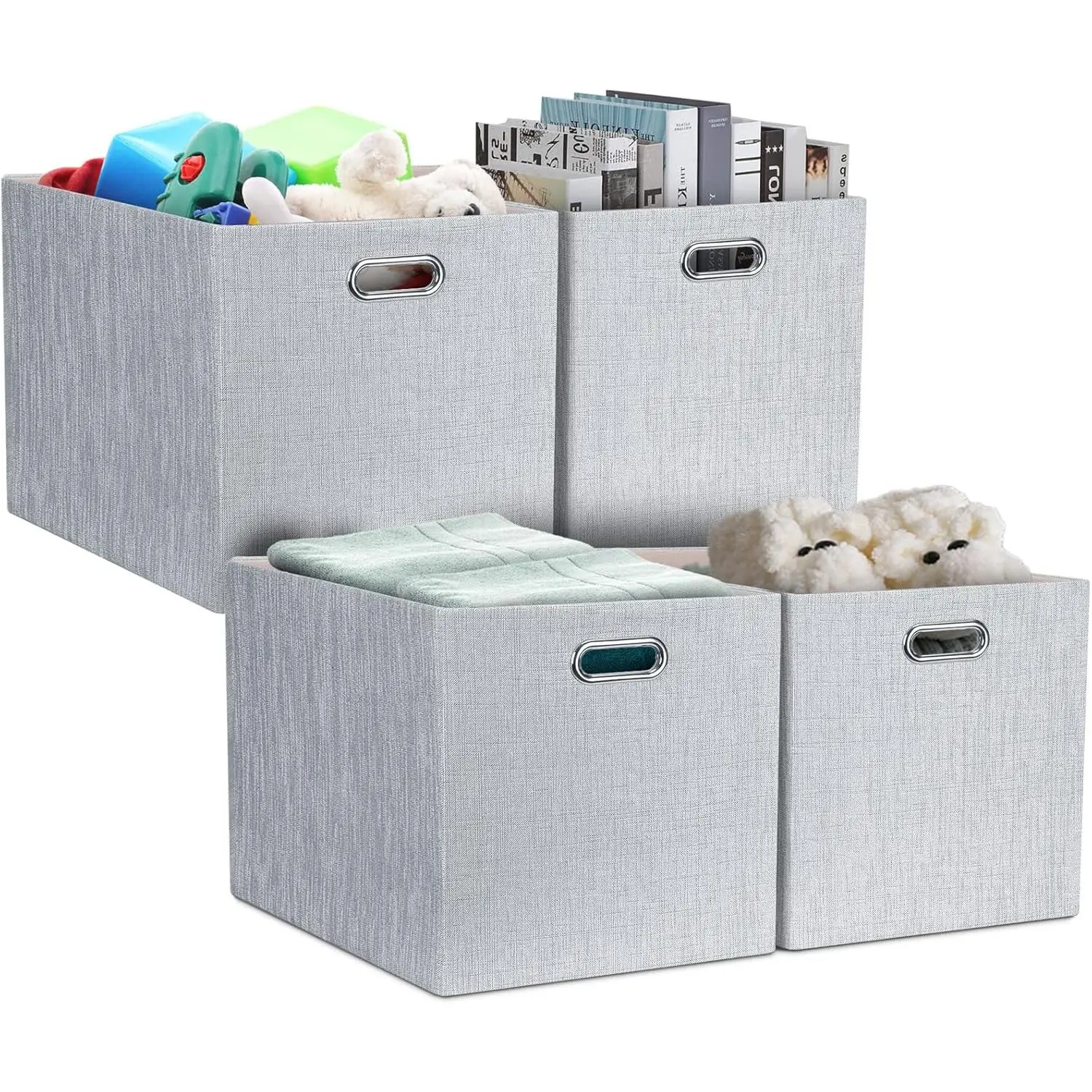 13x15x13in Collapsible Storage Bins, Fabric Foldable Cube Storage Boxes, Decorative Storage Baskets Organizer for IKEA Kallax, Shelves, Closet, Clothes, Set of 4-Grey
