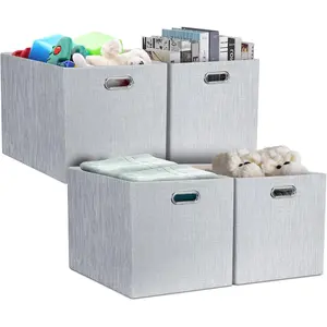 13x15x13in Collapsible Storage Bins, Fabric Foldable Cube Storage Boxes, Decorative Storage Baskets Organizer for IKEA Kallax, Shelves, Closet, Clothes, Set of 4-Grey